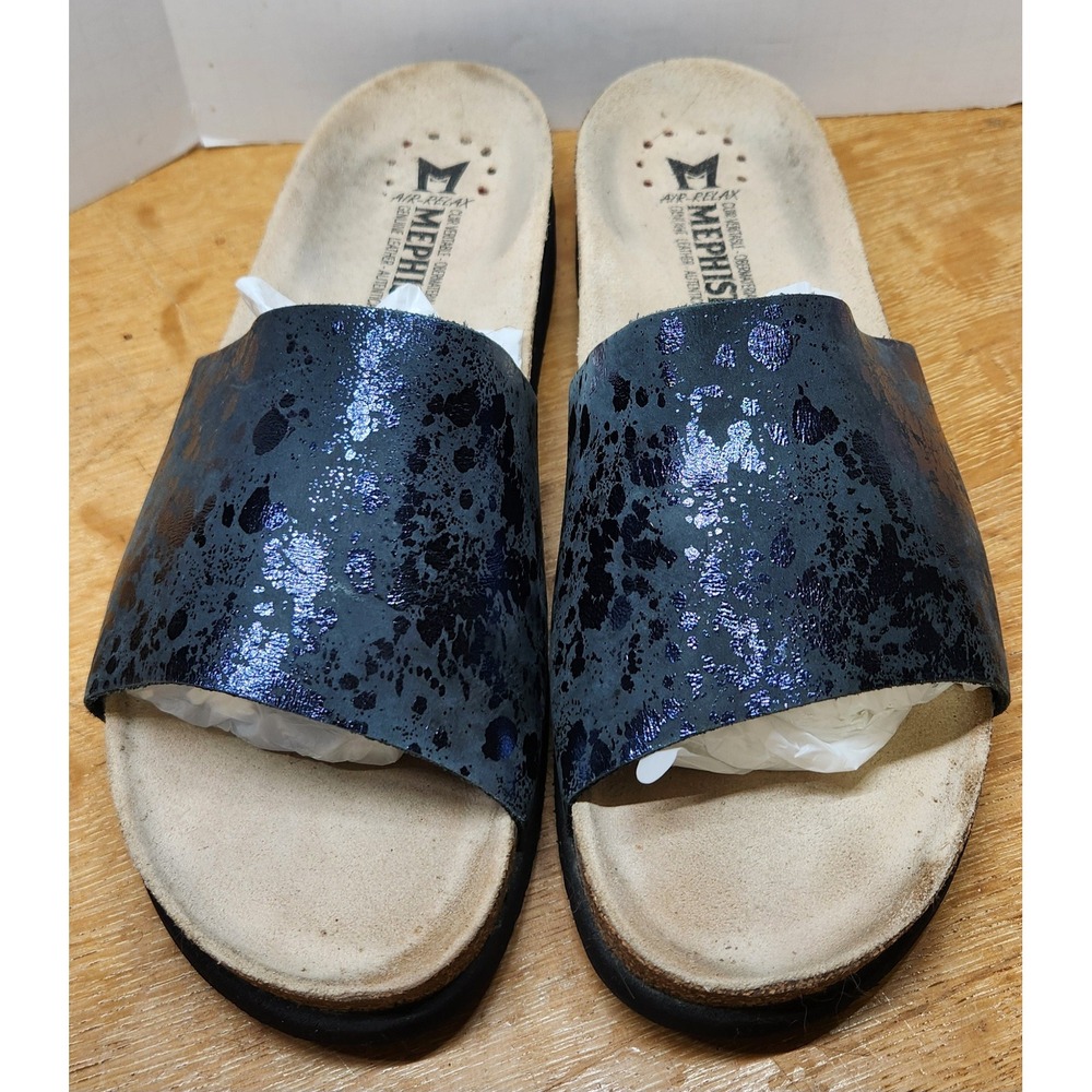 Mephisto Agave Metallic Blue Splatter Leather Slide Sandals Navy Mens 41